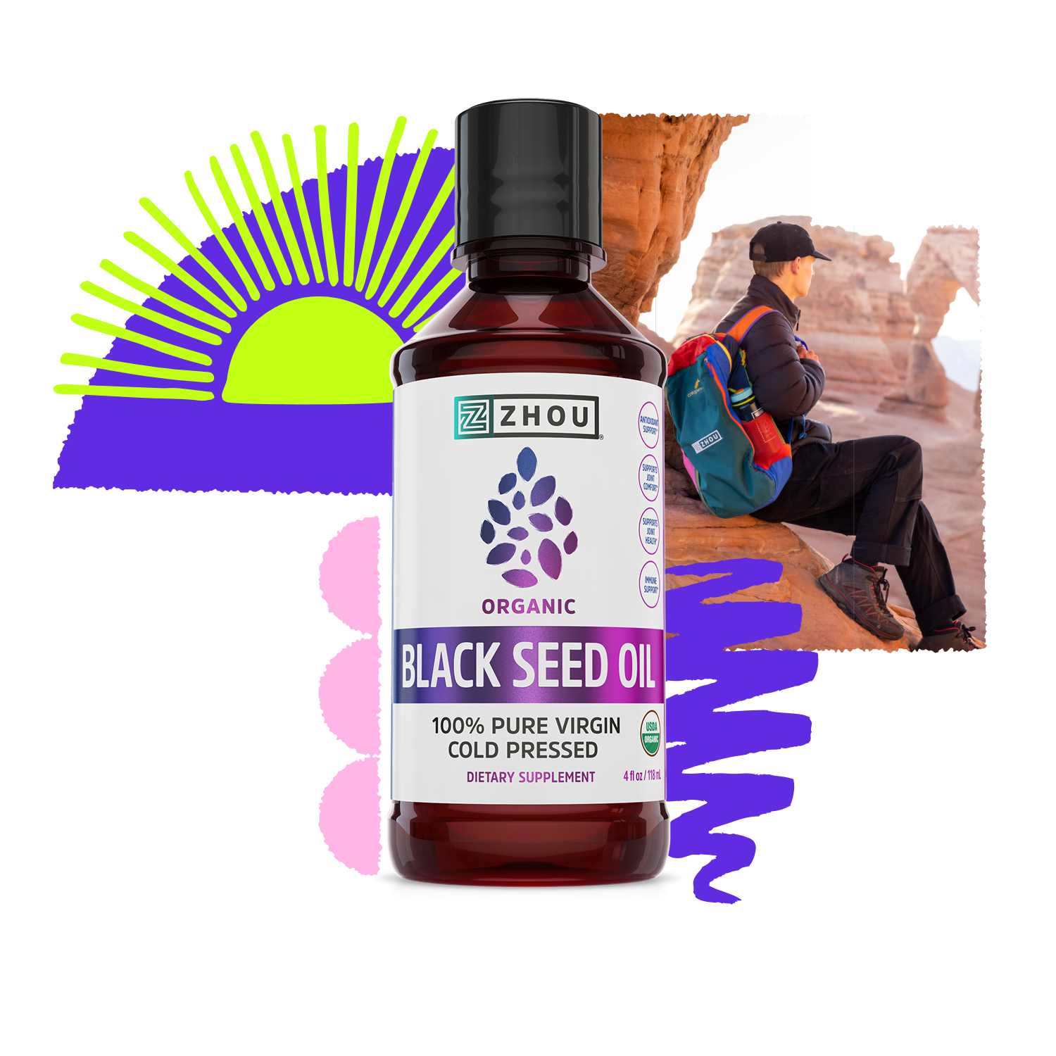 Zhou Nutrition Black Seed Oil Liquid bottle with an outdoor hiker and vibrant graphic elements in the background.
