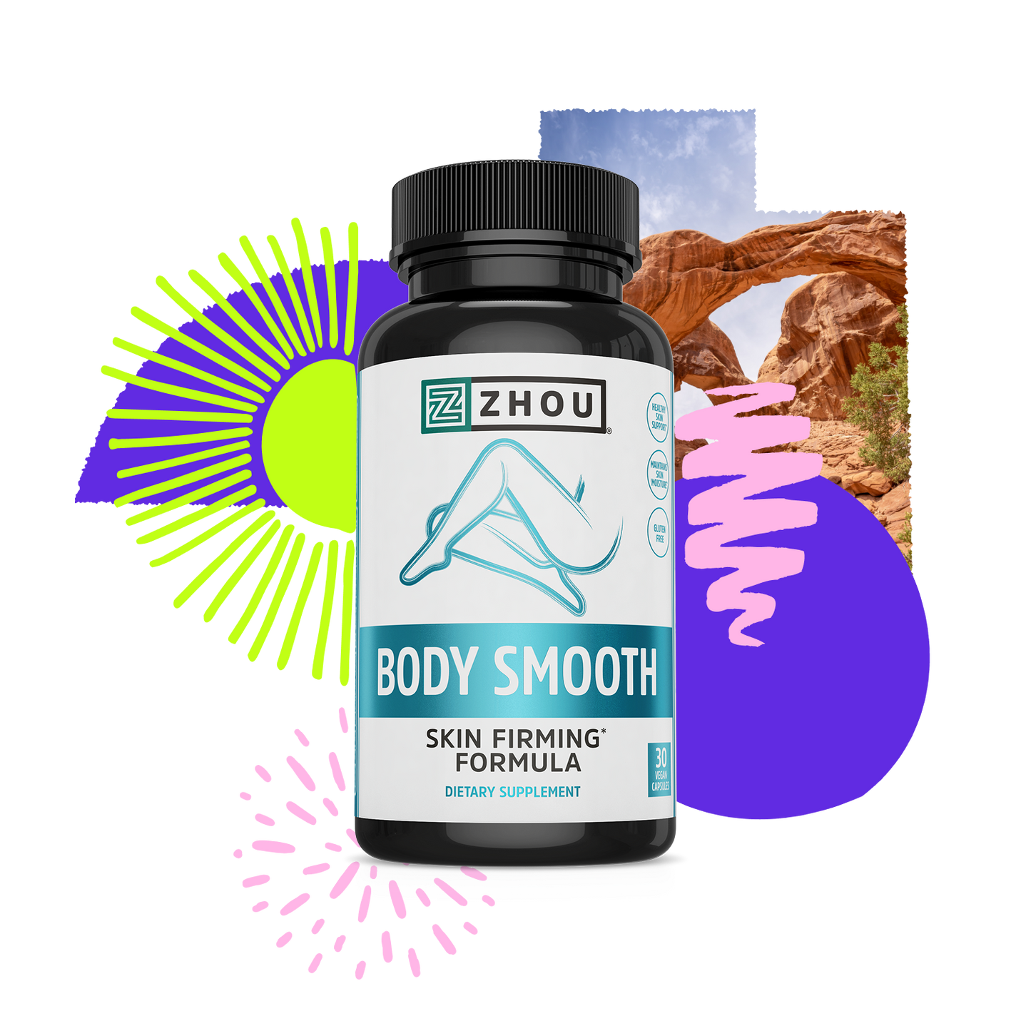 A bottle of Zhou Nutrition Body Smooth skin firming supplement with colorful abstract shapes and a desert arch behind.