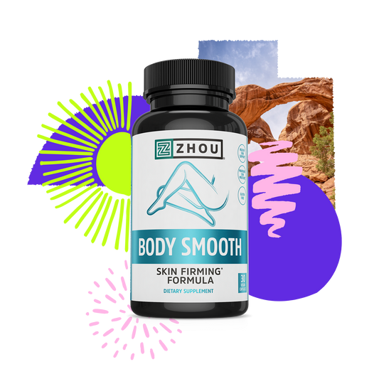 A bottle of Zhou Nutrition Body Smooth skin firming supplement with colorful abstract shapes and a desert arch behind.