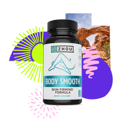 A bottle of Zhou Nutrition Body Smooth skin firming supplement with colorful abstract shapes and a desert arch behind.