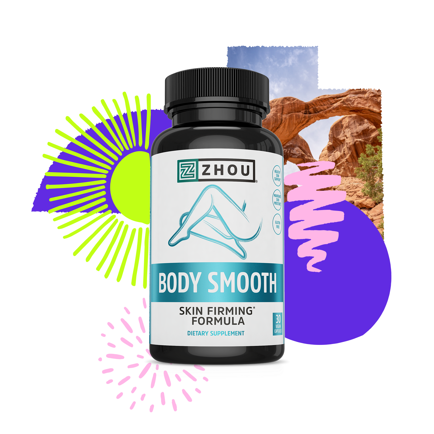 A bottle of Zhou Nutrition Body Smooth skin firming supplement with colorful abstract shapes and a desert arch behind.