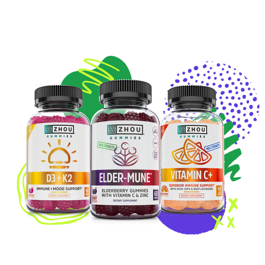Zhou Nutrition Immunity Bundle: D3 + K2 and Vitamin C gummies for immune support, with abstract colorful shapes.