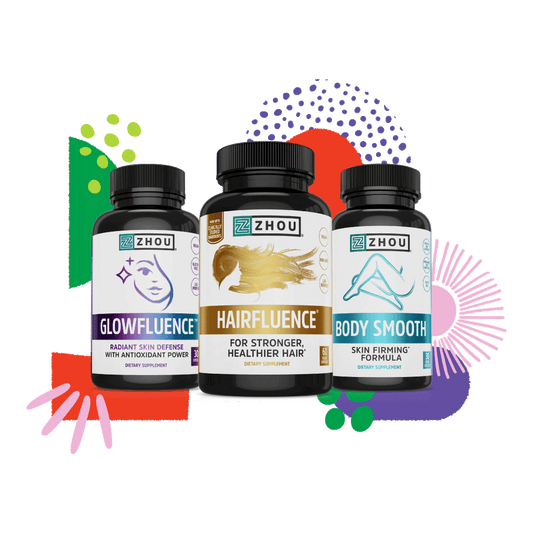 The Zhou Nutrition Beauty Bundle features vitamins and biotin supplements for hair, skin, and nails.