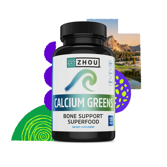 A bottle of Zhou Nutrition Calcium Greens with calcium, vitamin D, and abstract shapes on a mountain backdrop.