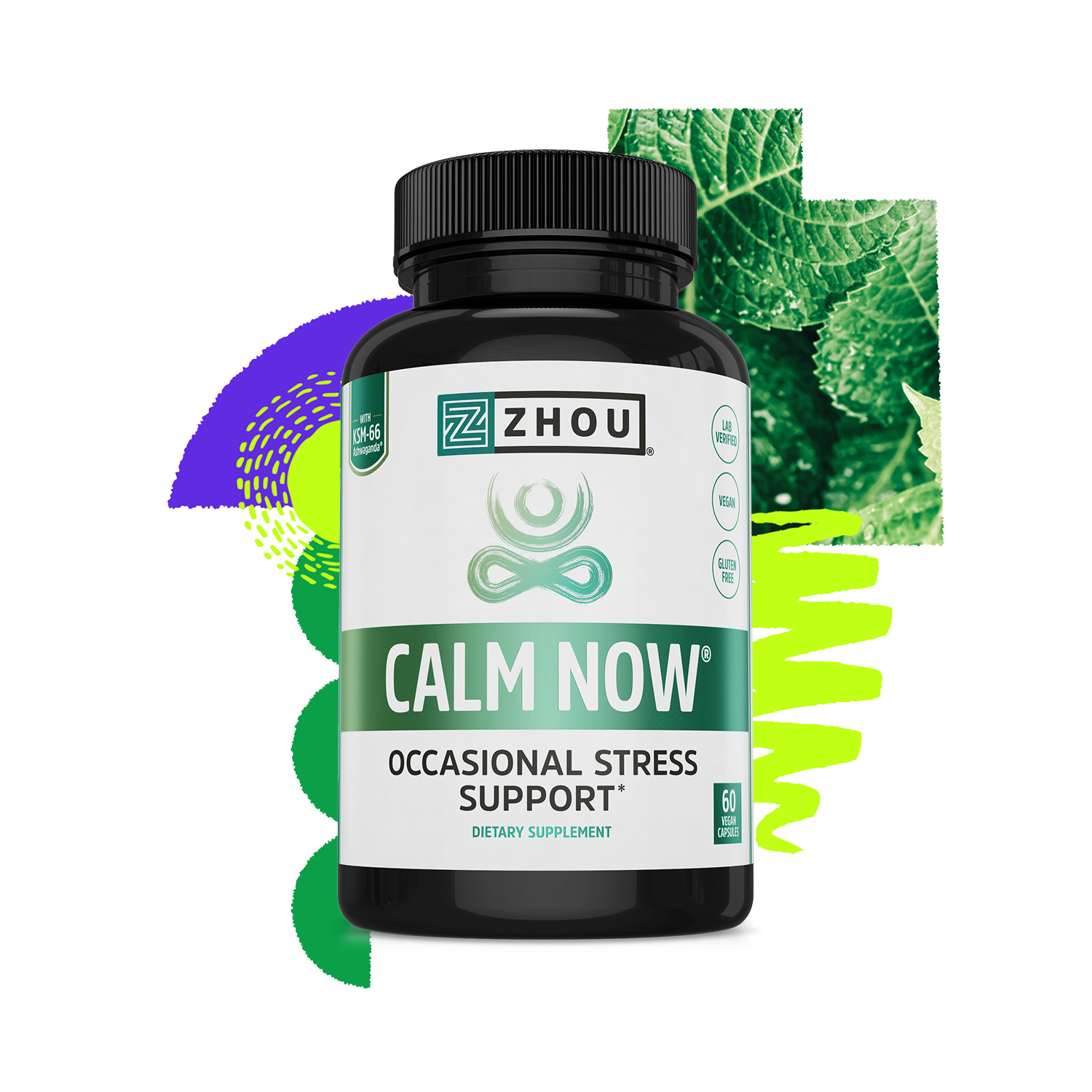 A bottle of Zhou Nutrition Calm Now stress relief supplement, with green leaves and abstract shapes in the background.