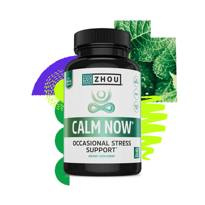 A bottle of Zhou Nutrition Calm Now stress relief supplement, with green leaves and abstract shapes in the background.