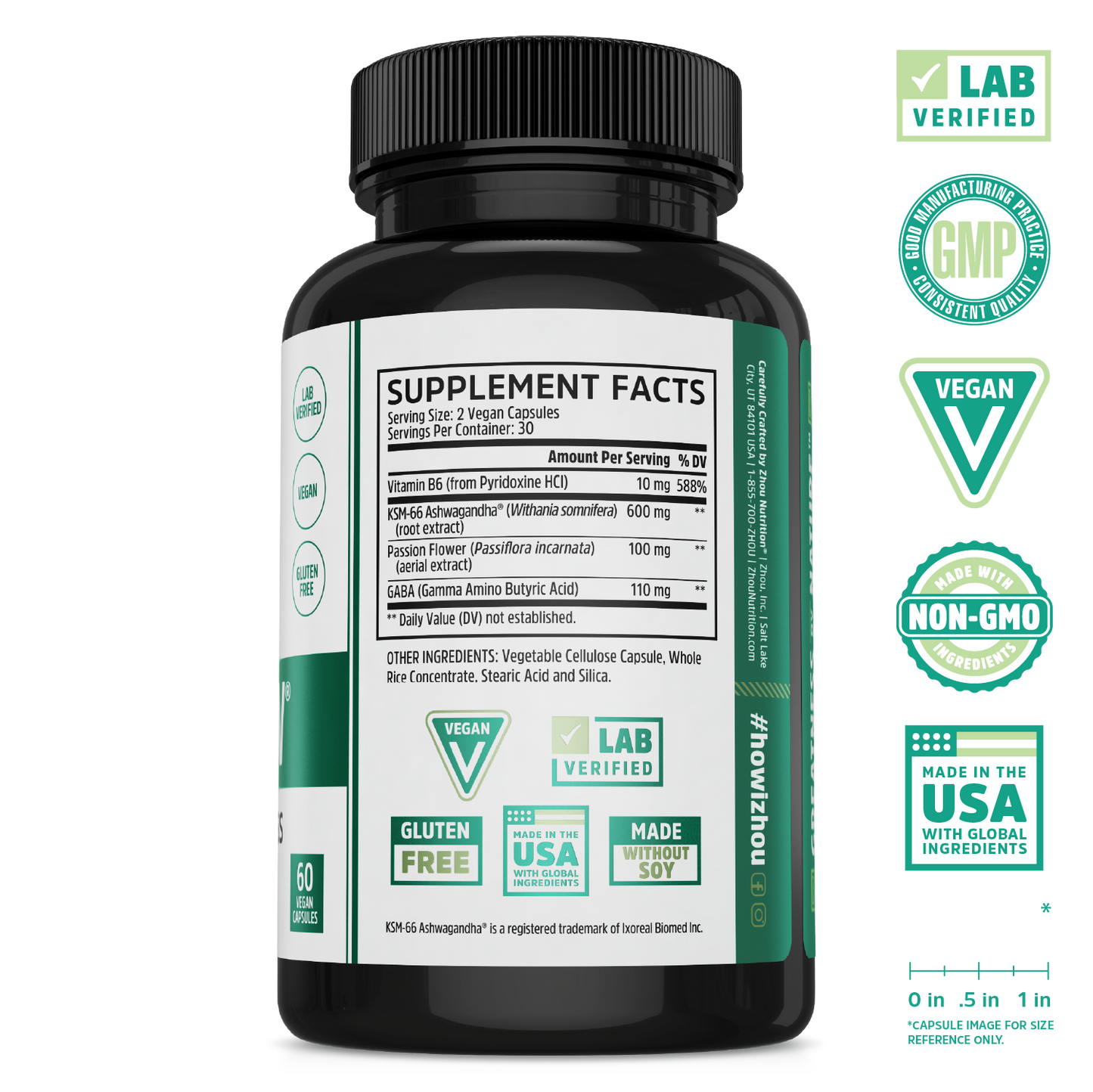 Black bottle labeled Calm Now by Zhou Nutrition, showing supplement facts and vegan botanical blend certification badges.