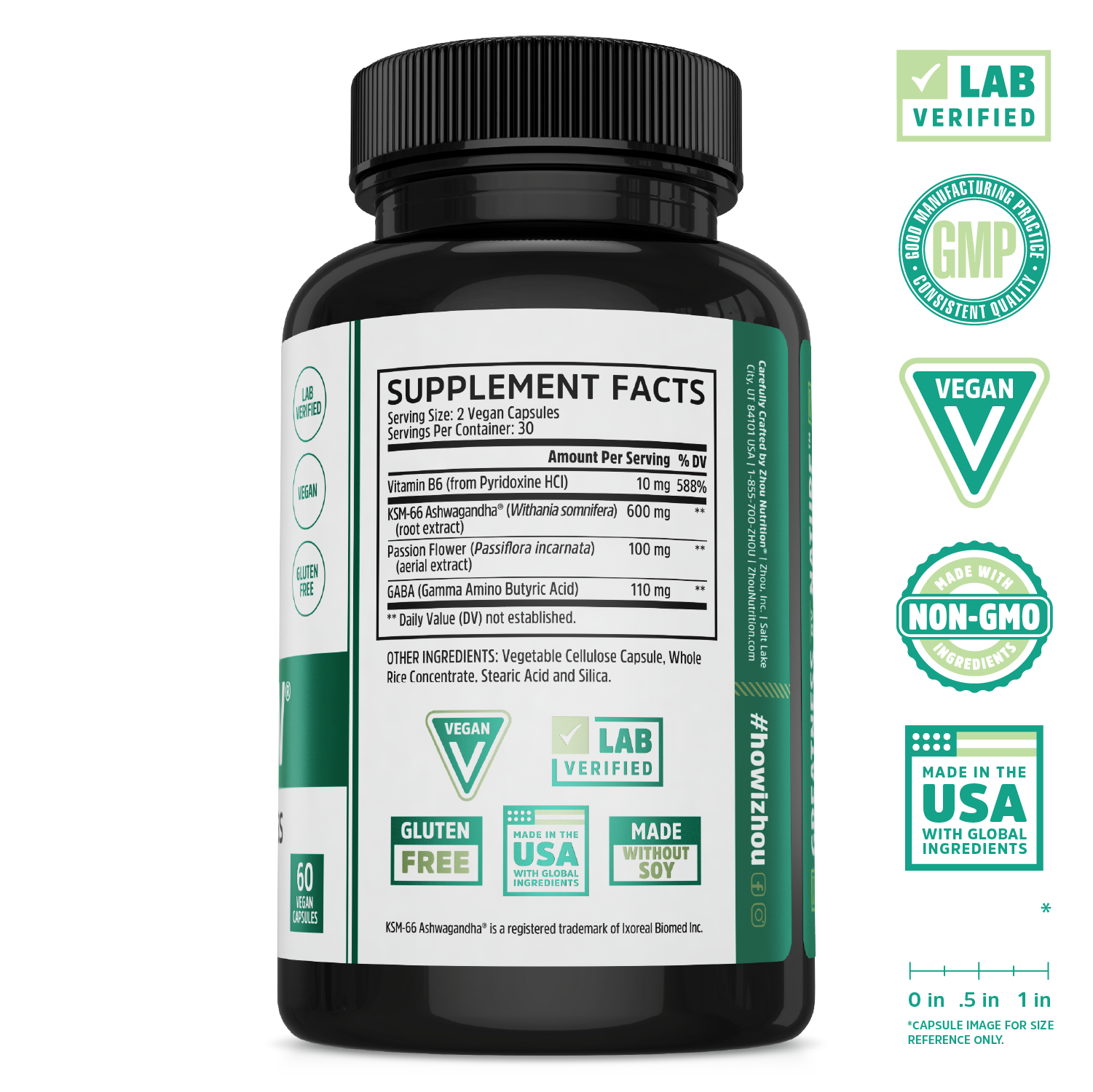 Black bottle labeled Calm Now by Zhou Nutrition, showing supplement facts and vegan botanical blend certification badges.