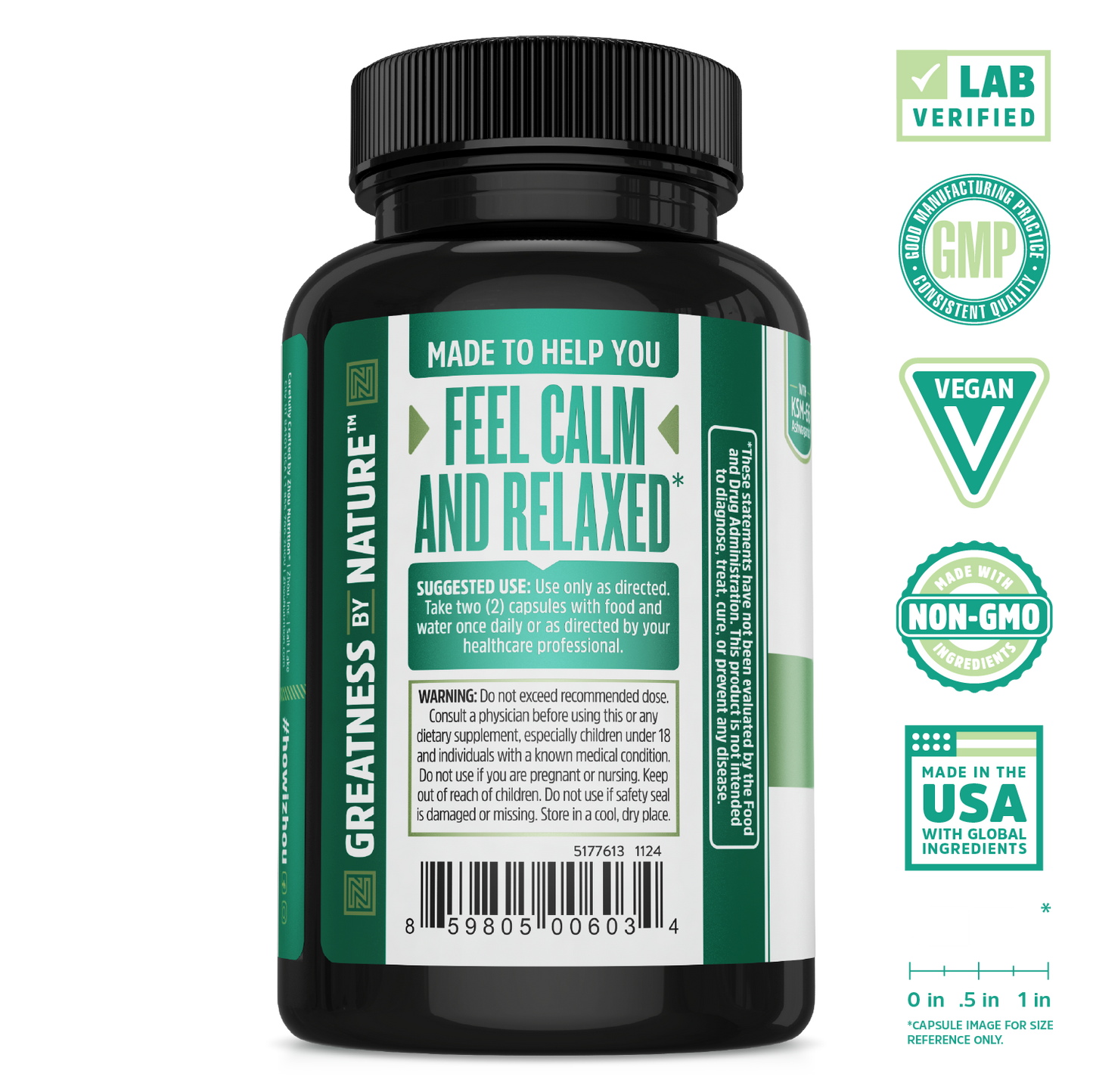 A bottle of Zhou Nutrition Calm Now—vegan, non-GMO, lab verified, made in the USA for stress relief.