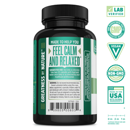 A bottle of Zhou Nutrition Calm Now—vegan, non-GMO, lab verified, made in the USA for stress relief.