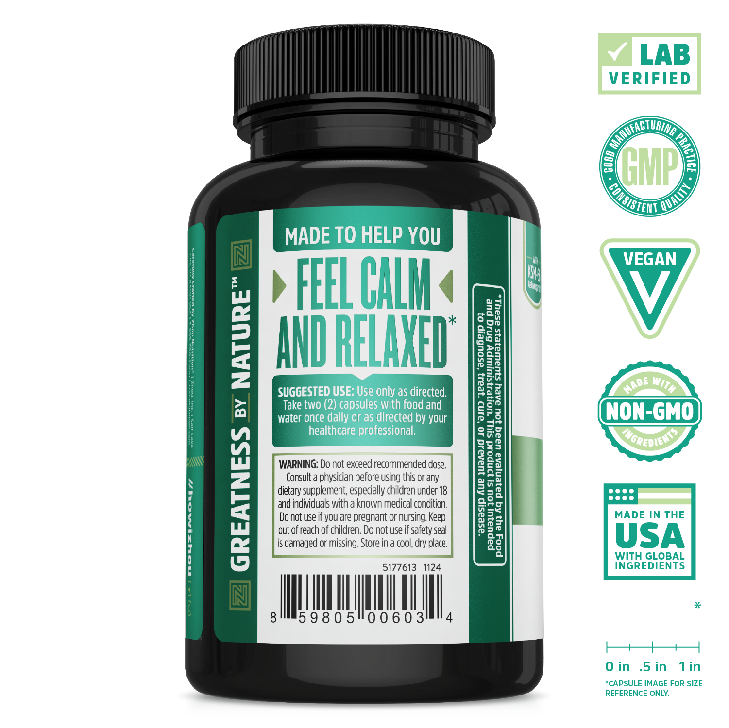 A bottle of Zhou Nutrition Calm Now—vegan, non-GMO, lab verified, made in the USA for stress relief.