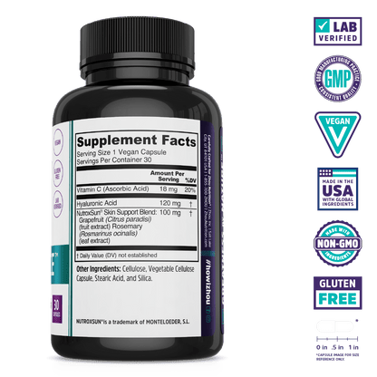 A black Glowfluence bottle by Zhou Nutrition with supplement facts and vegan, gluten-free certification labels.