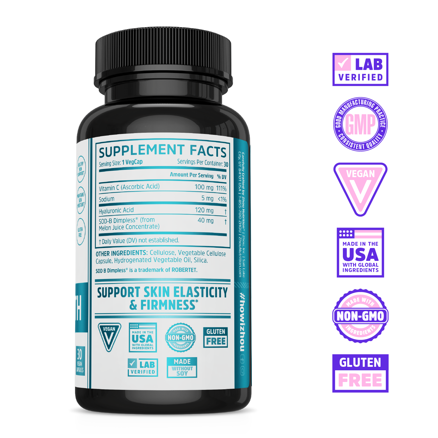Zhou Nutrition Body Smooth supplement bottle with ingredient list, benefits, and certification badges shown on the right.
