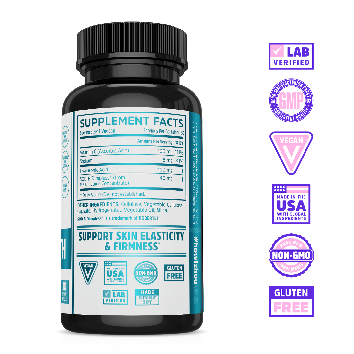 Zhou Nutrition Body Smooth supplement bottle with ingredient list, benefits, and certification badges shown on the right.