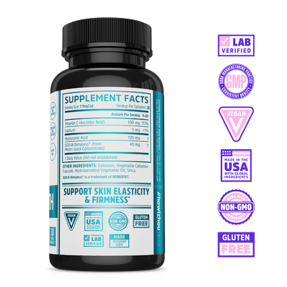 Zhou Nutrition Body Smooth supplement bottle with ingredient list, benefits, and certification badges shown on the right.