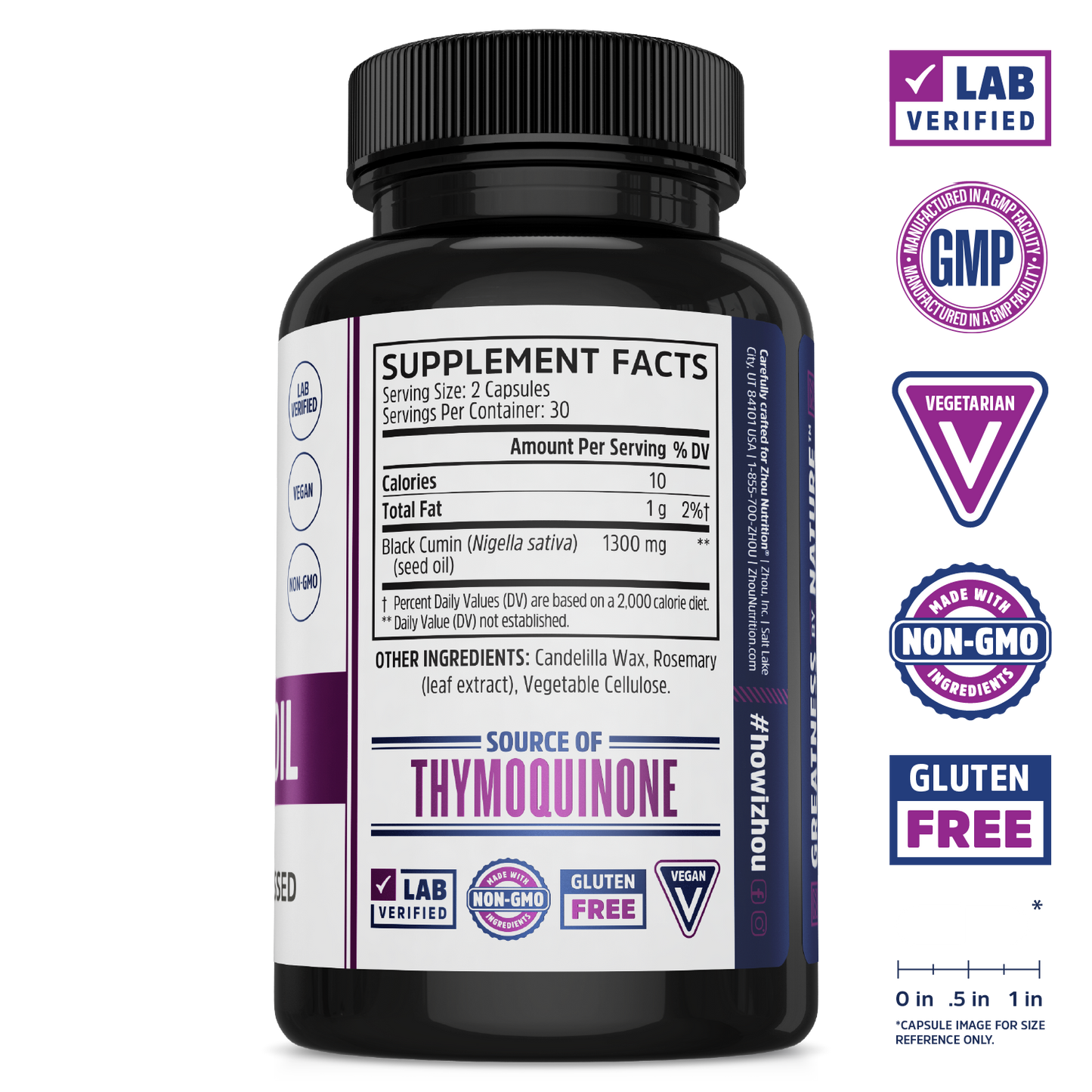 Zhou Nutrition Black Seed Oil: cold-pressed supplement for immune support with nutrition label & quality icons.