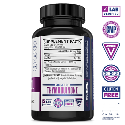 Zhou Nutrition Black Seed Oil: cold-pressed supplement for immune support with nutrition label & quality icons.