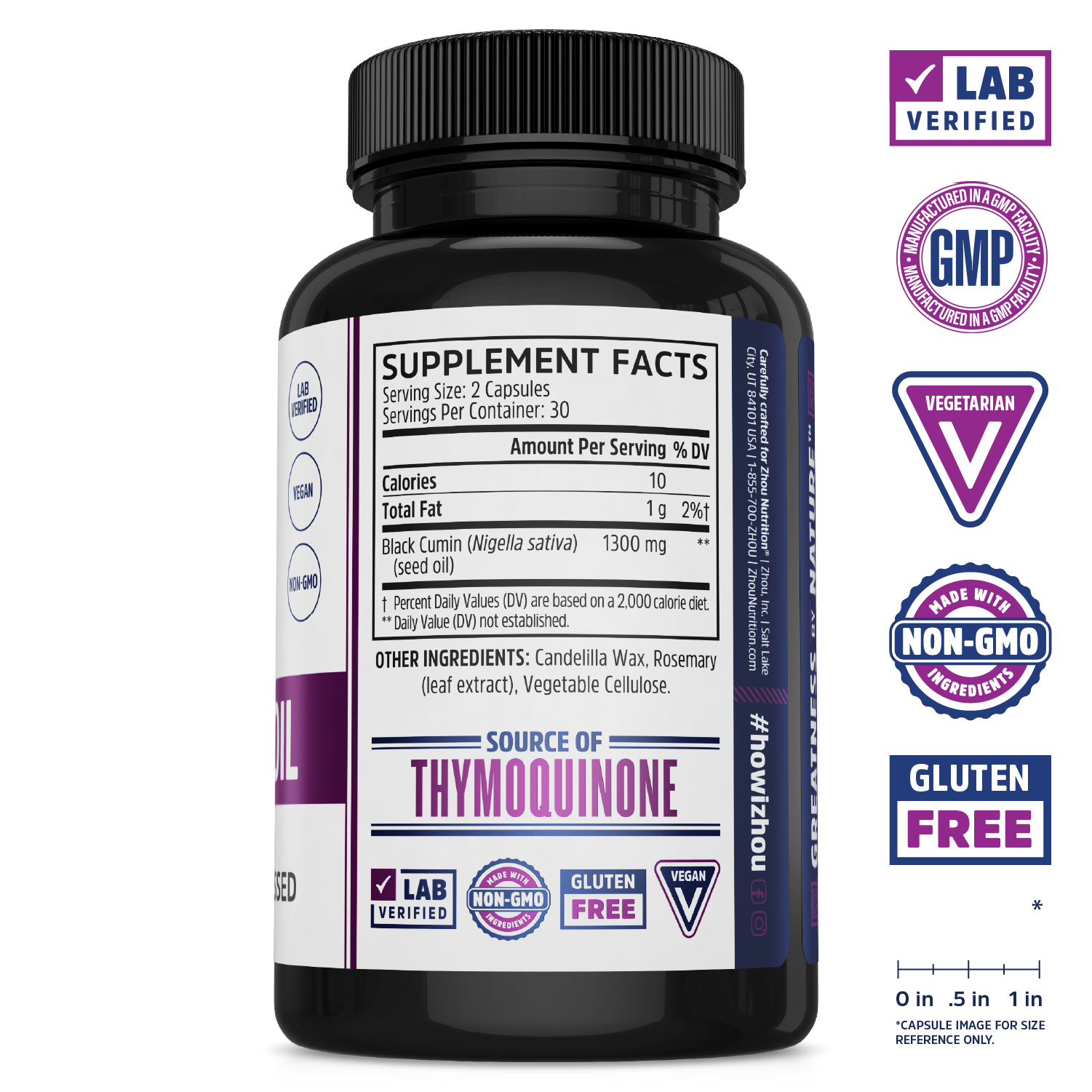 Zhou Nutrition Black Seed Oil: cold-pressed supplement for immune support with nutrition label & quality icons.