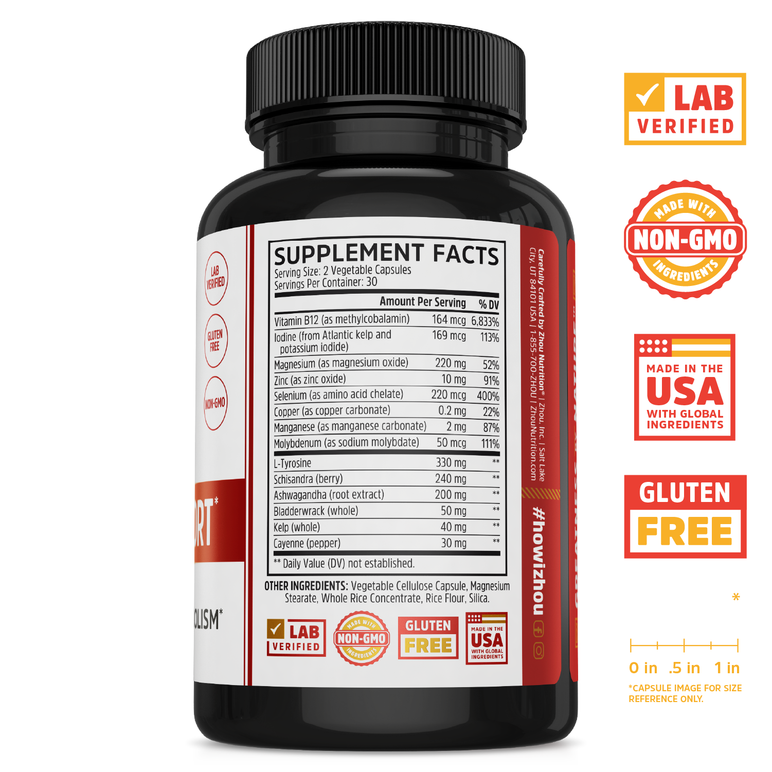 Zhou Nutrition Thyroid Support bottle label shows supplement facts and key certifications for energy and thyroid health.