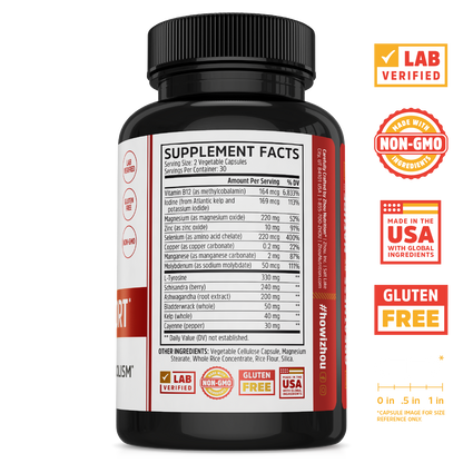 Zhou Nutrition Thyroid Support bottle label shows supplement facts and key certifications for energy and thyroid health.