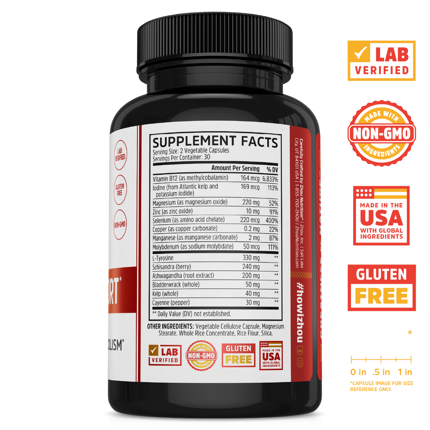 Zhou Nutrition Thyroid Support bottle label shows supplement facts and key certifications for energy and thyroid health.
