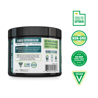 A tub of Zhou Nutrition Daily Greens—Non-GMO, Vegan, organic superfood blend from Utah.