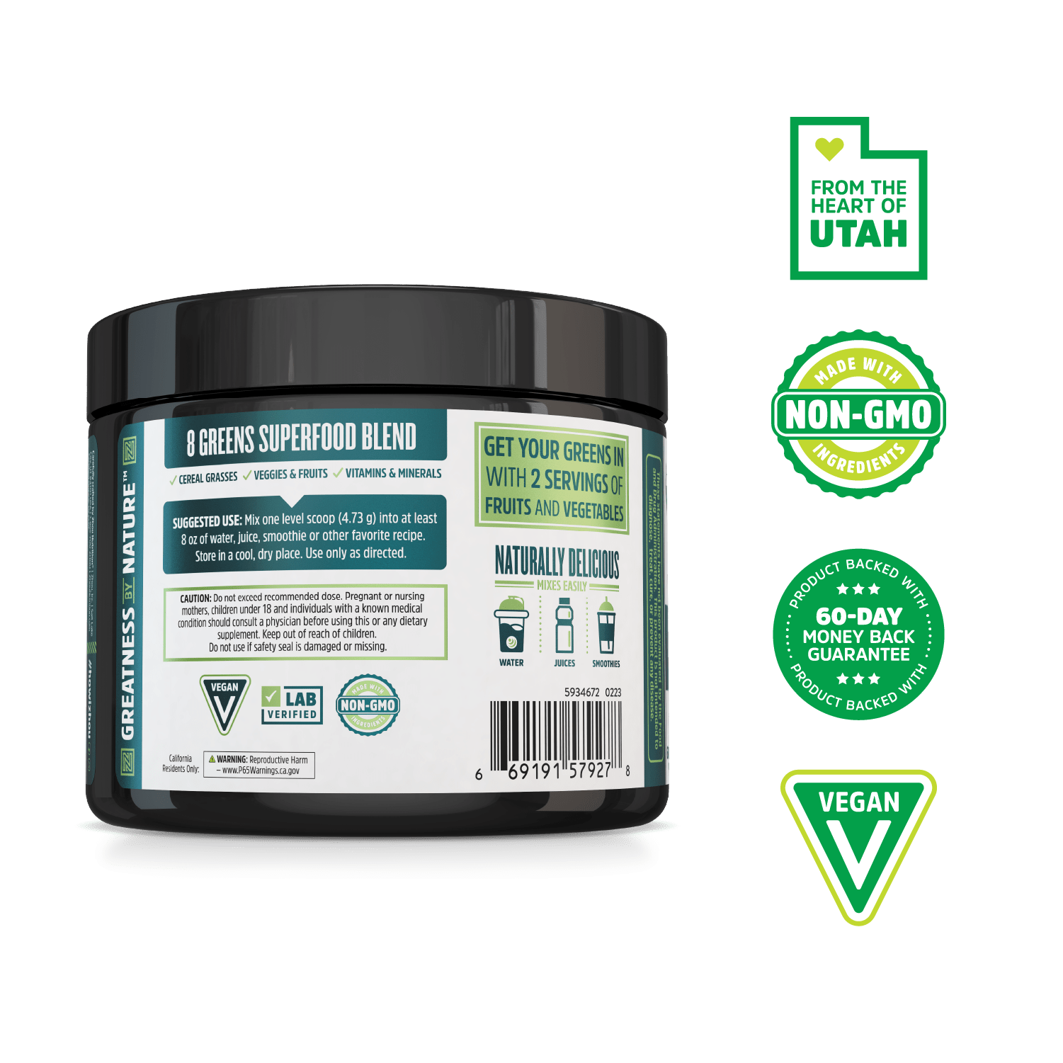 A tub of Zhou Nutrition Daily Greens—Non-GMO, Vegan, organic superfood blend from Utah.