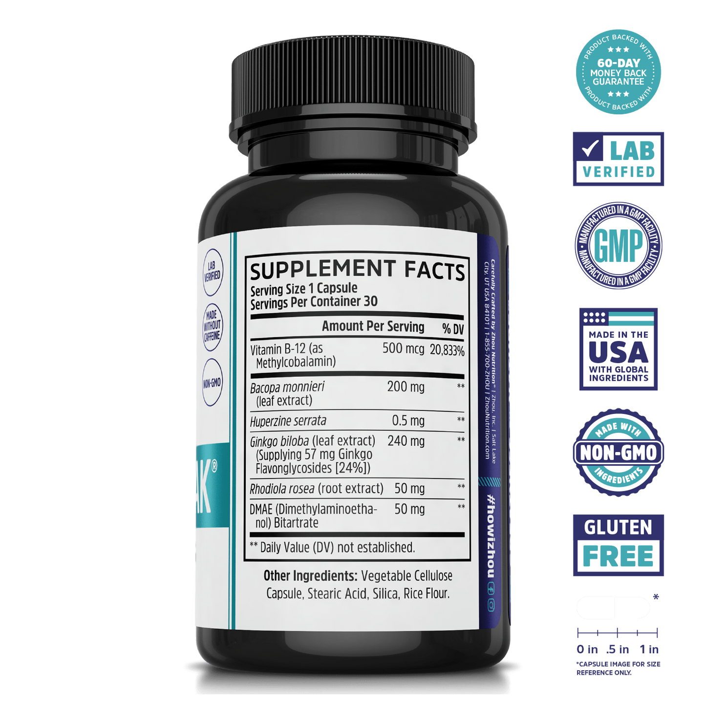 Neuro-Peak by Zhou Nutrition: black supplement bottle with label and badges showcasing its nootropic memory support.
