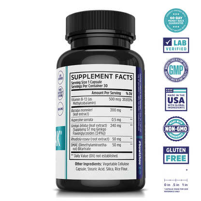 Neuro-Peak by Zhou Nutrition: black supplement bottle with label and badges showcasing its nootropic memory support.