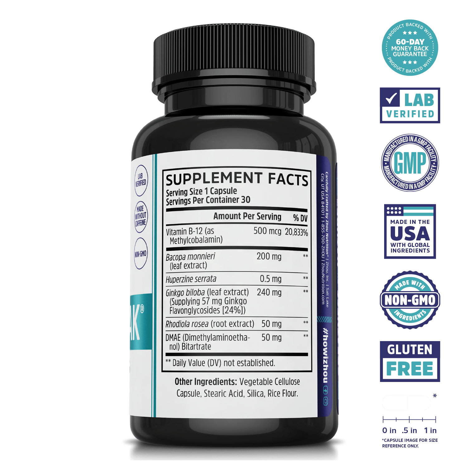 Neuro-Peak by Zhou Nutrition: black supplement bottle with label and badges showcasing its nootropic memory support.