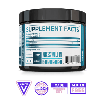 Zhou Nutrition Creatine: supplement container with nutrition label; vegan, non-GMO, soy-free, gluten-free icons.