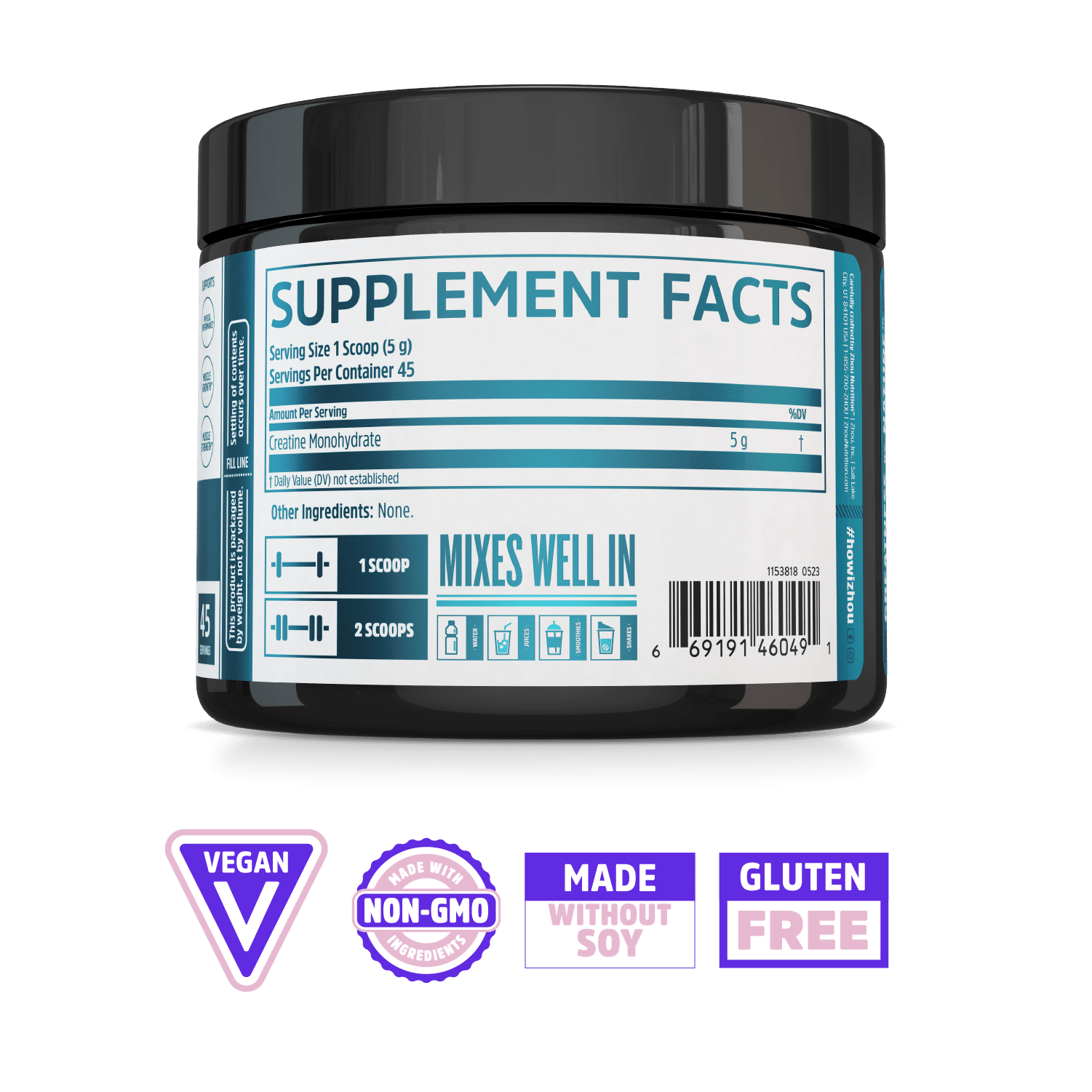 Zhou Nutrition Creatine: supplement container with nutrition label; vegan, non-GMO, soy-free, gluten-free icons.