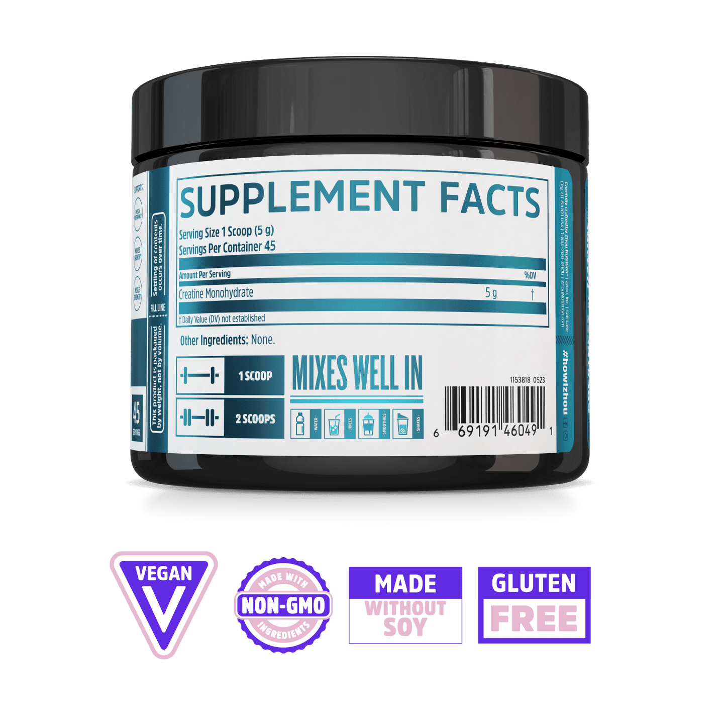 Zhou Nutrition Creatine: supplement container with nutrition label; vegan, non-GMO, soy-free, gluten-free icons.