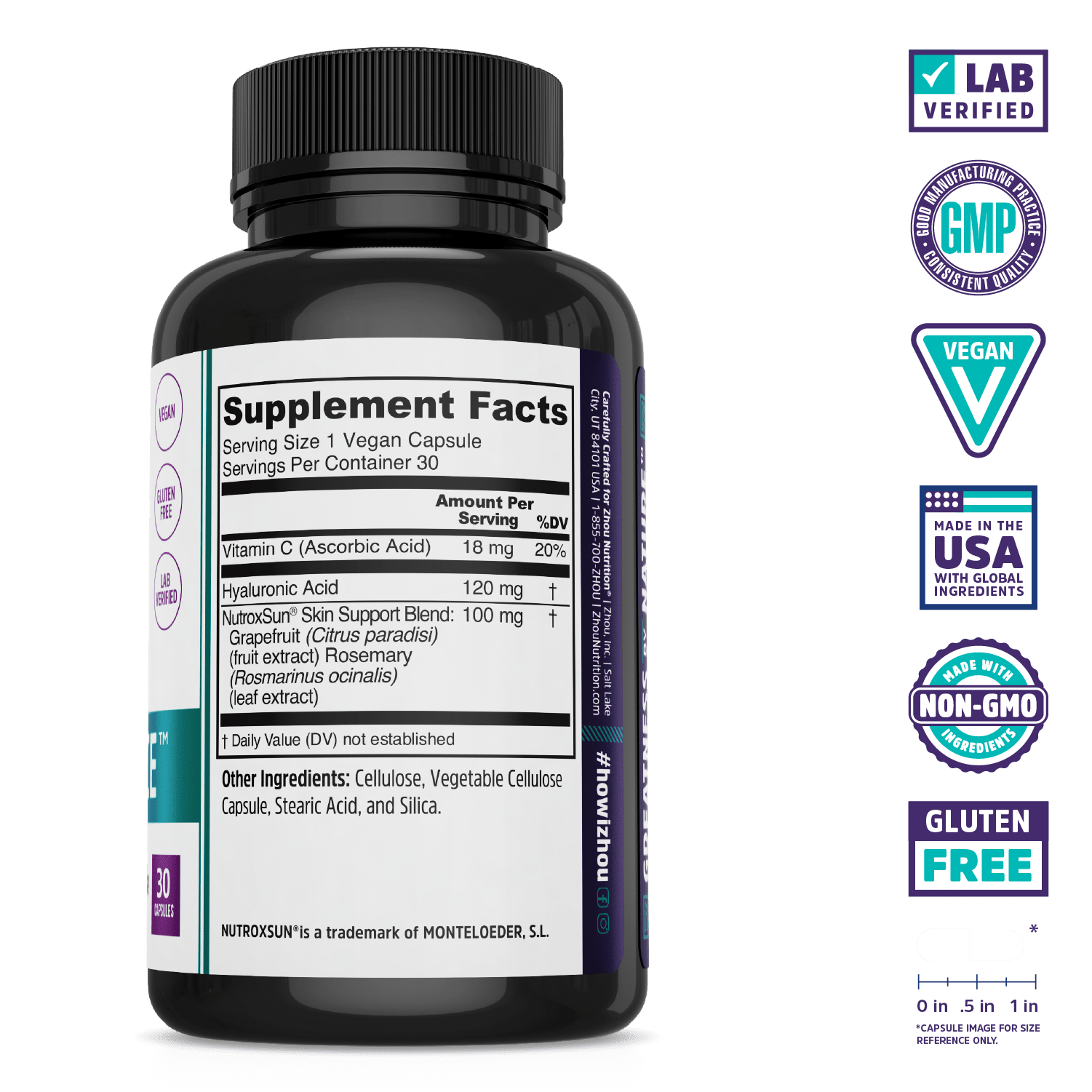 A black Glowfluence bottle by Zhou Nutrition with supplement facts and vegan, gluten-free certification labels.
