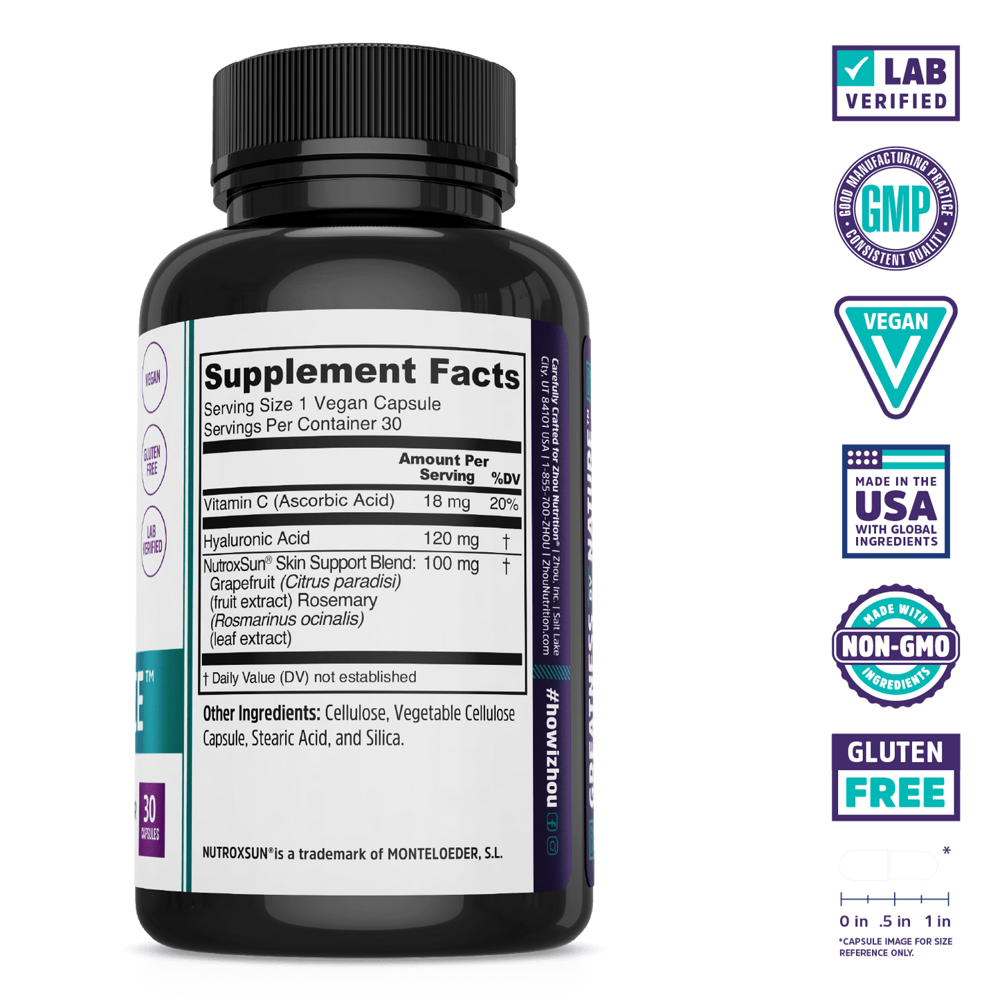 A black Glowfluence bottle by Zhou Nutrition with supplement facts and vegan, gluten-free certification labels.