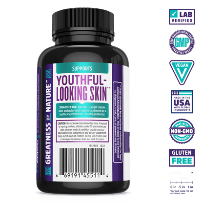Glowfluence by Zhou Nutrition supports skin elasticity with vegan, non-GMO, gluten-free, and GMP badges.