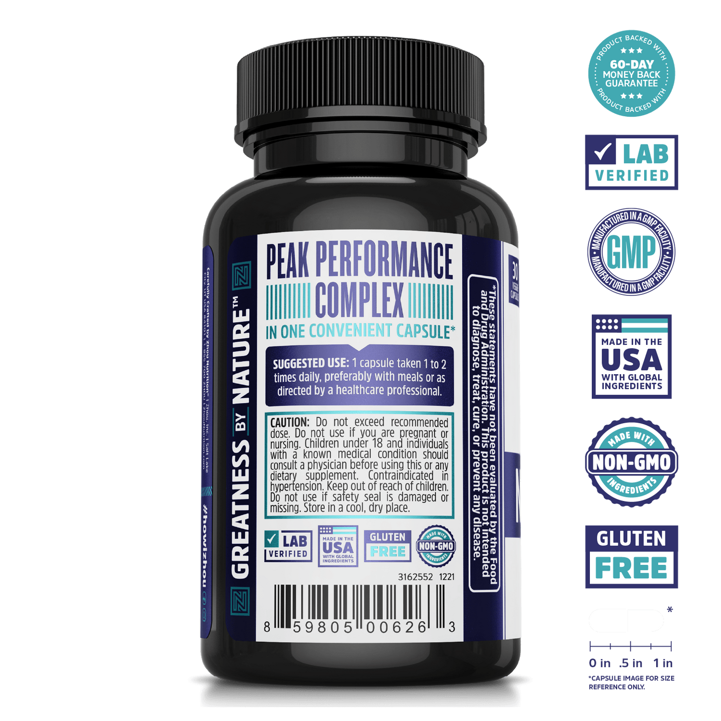 A bottle of Zhou Nutrition Neuro-Peak, a nootropic for memory support and focus, with certification badges.