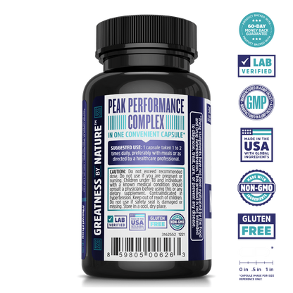A bottle of Zhou Nutrition Neuro-Peak, a nootropic for memory support and focus, with certification badges.