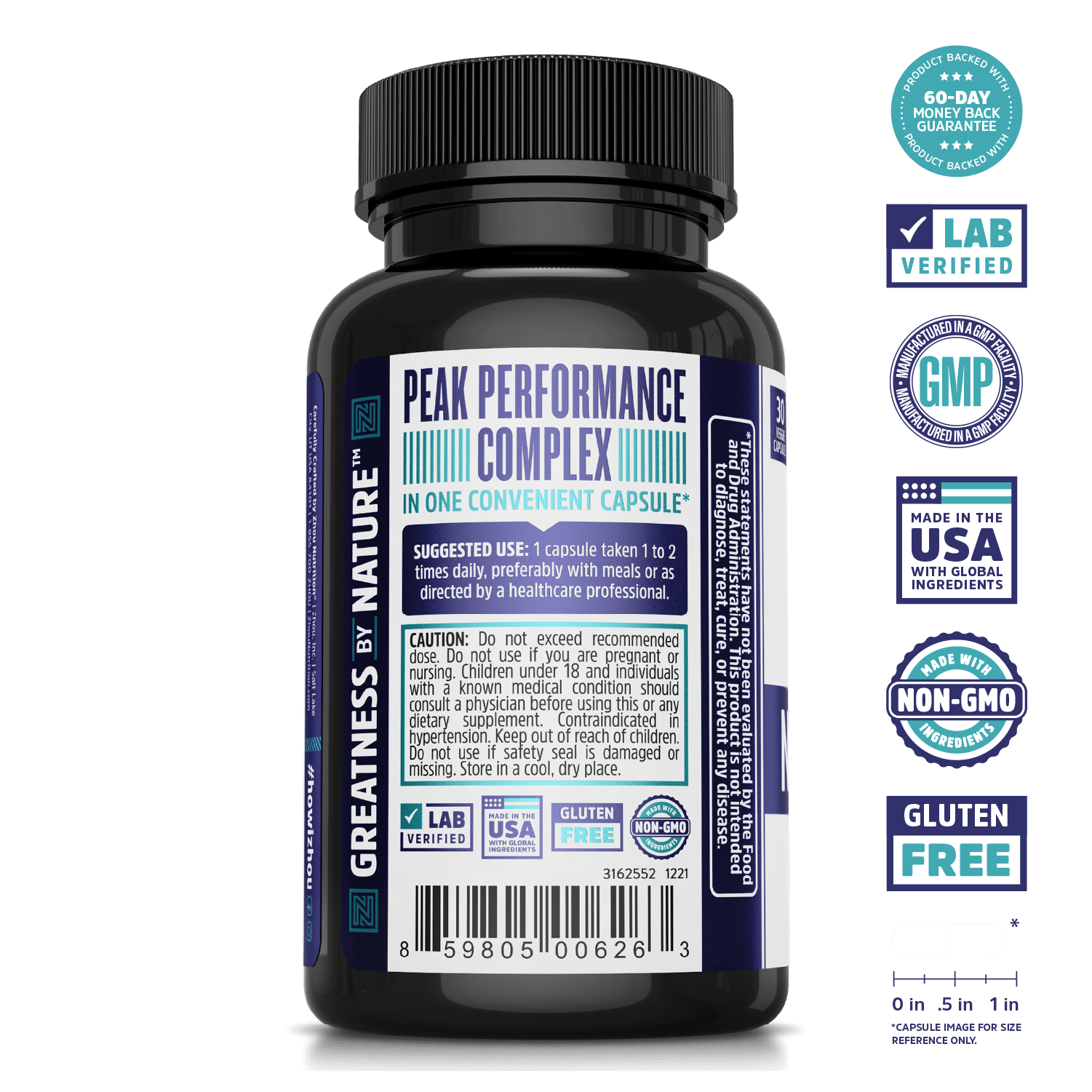 A bottle of Zhou Nutrition Neuro-Peak, a nootropic for memory support and focus, with certification badges.