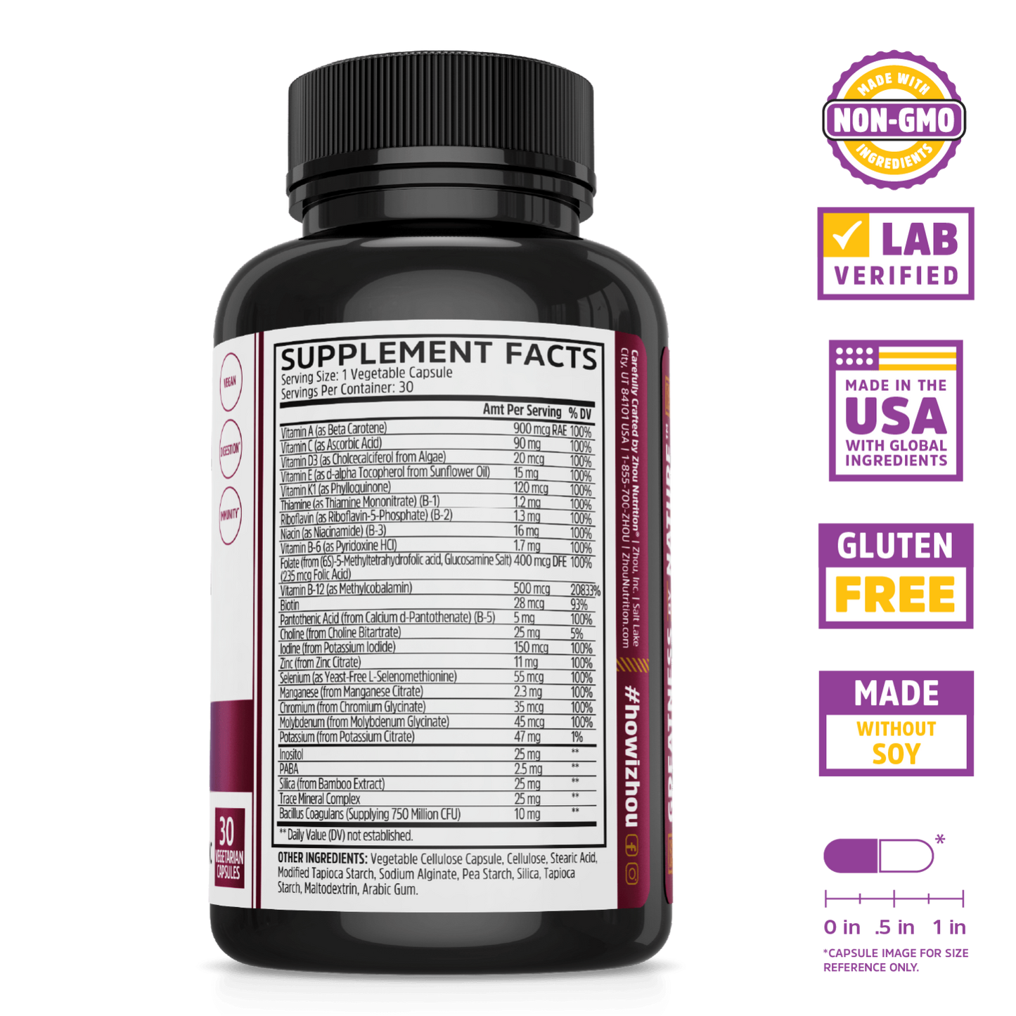 Zhou Nutrition Daily Boost—black bottle; Immune Support, Non-GMO, Lab Verified, Made in USA & Gluten Free badges.