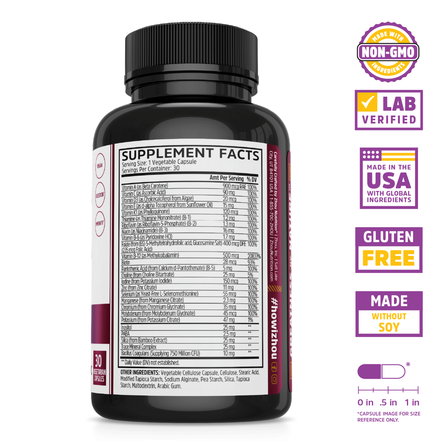 Zhou Nutrition Daily Boost—black bottle; Immune Support, Non-GMO, Lab Verified, Made in USA & Gluten Free badges.