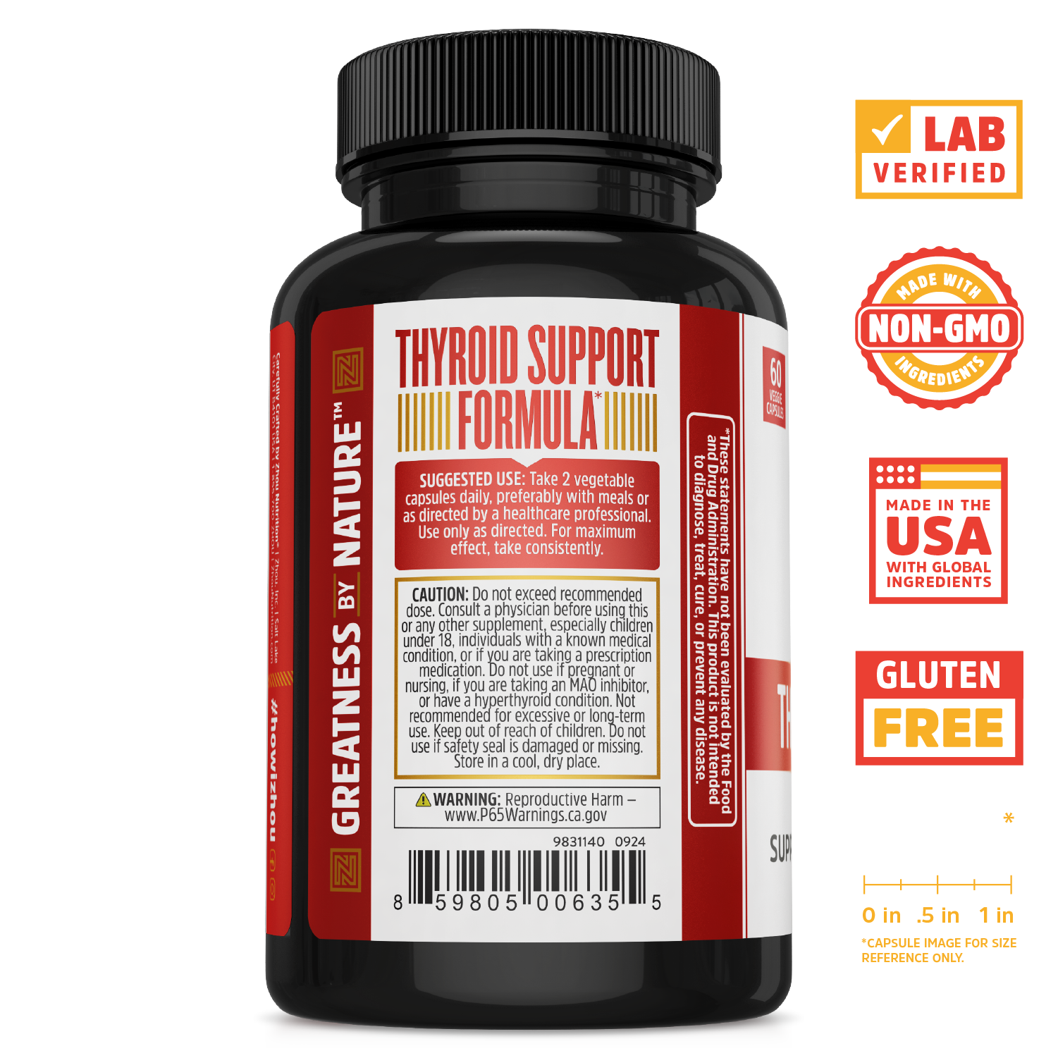 A black bottle of Zhou Nutrition Thyroid Support for energy, labeled gluten free, non-GMO, and vitamin B12.