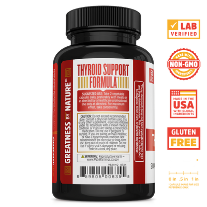 A black bottle of Zhou Nutrition Thyroid Support for energy, labeled gluten free, non-GMO, and vitamin B12.