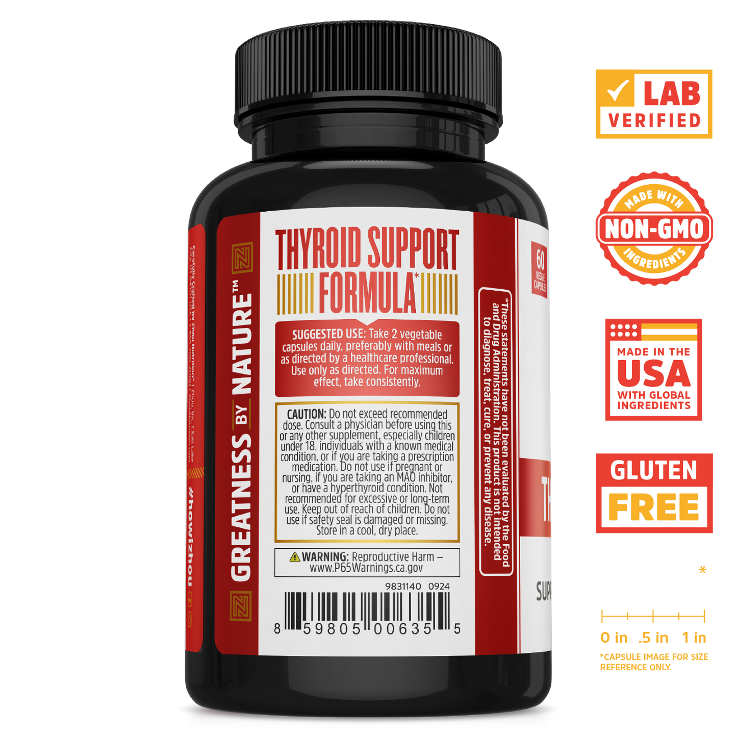 A black bottle of Zhou Nutrition Thyroid Support for energy, labeled gluten free, non-GMO, and vitamin B12.