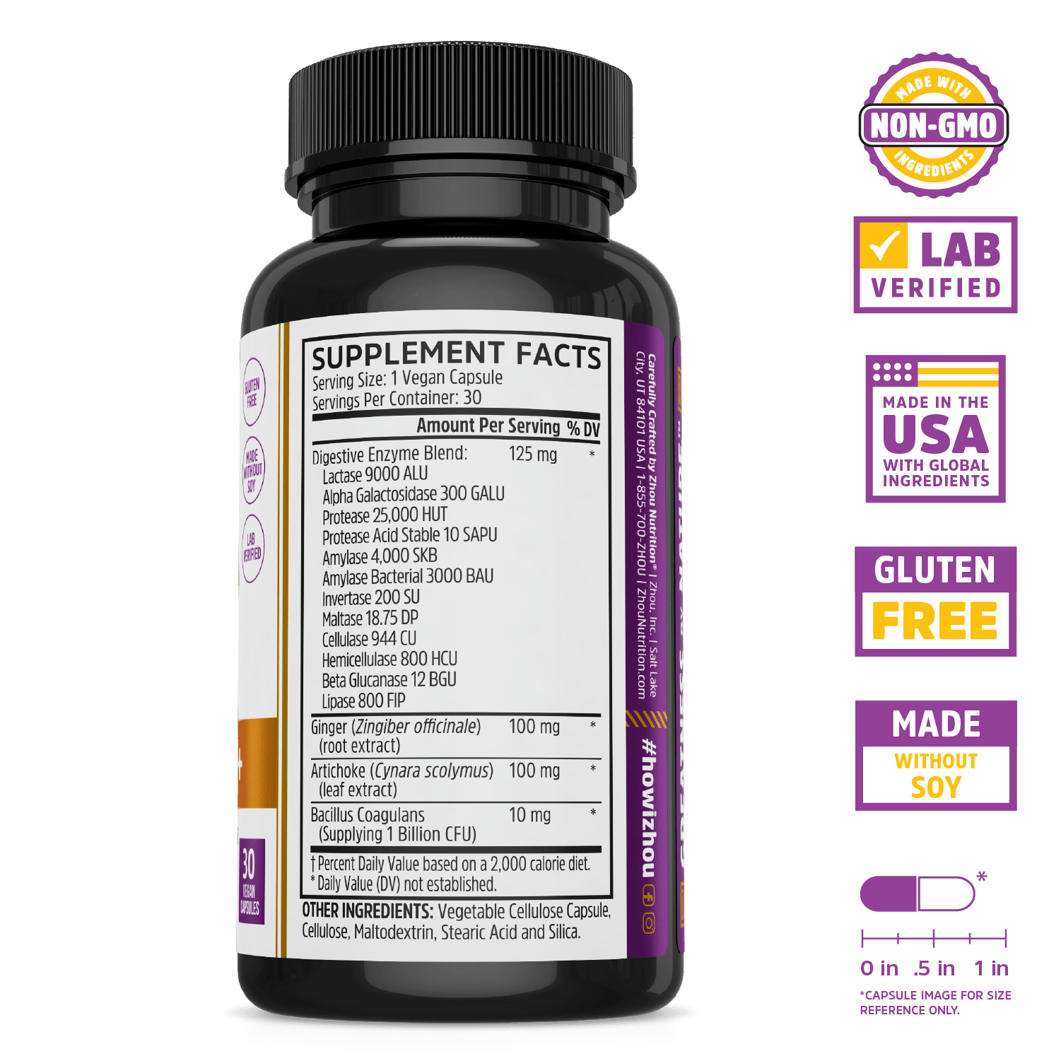 A black bottle of Zhou Nutrition Bloat Blast+ labeled with supplement facts and icons for bloating relief, non-GMO, gluten-free, and made in the USA.