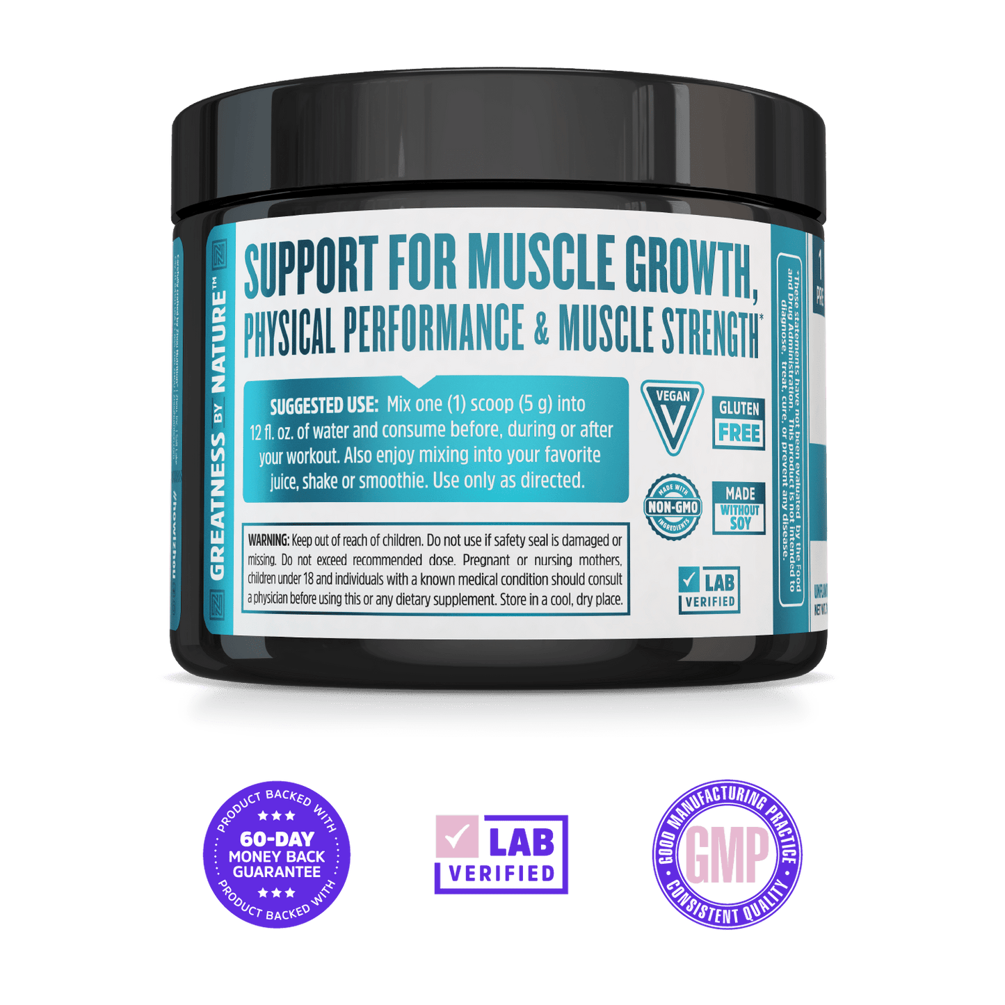 Zhou Nutrition Creatine: black container for muscle growth & strength, vegan, gluten-free, lab verified, GMP icons.