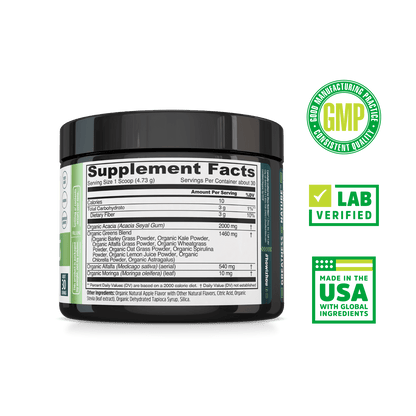 Zhou Nutrition Daily Greens: black supplement jar, Supplement Facts label, GMP, Lab Verified, superfood powder icons.
