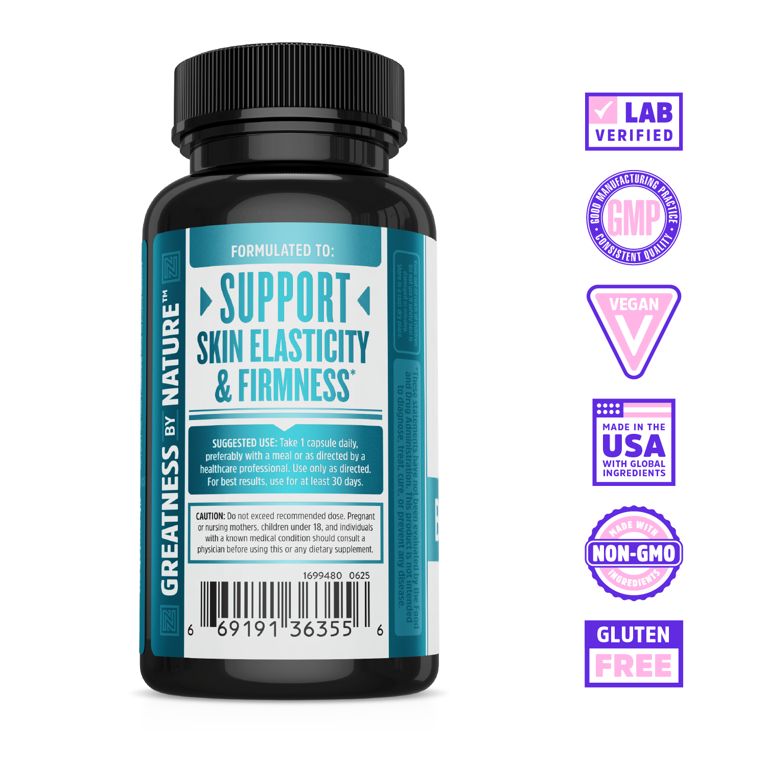 Zhou Nutrition's Body Smooth: black bottle, teal label; lab verified, GMP, vegan, made in USA, non-GMO, gluten free.