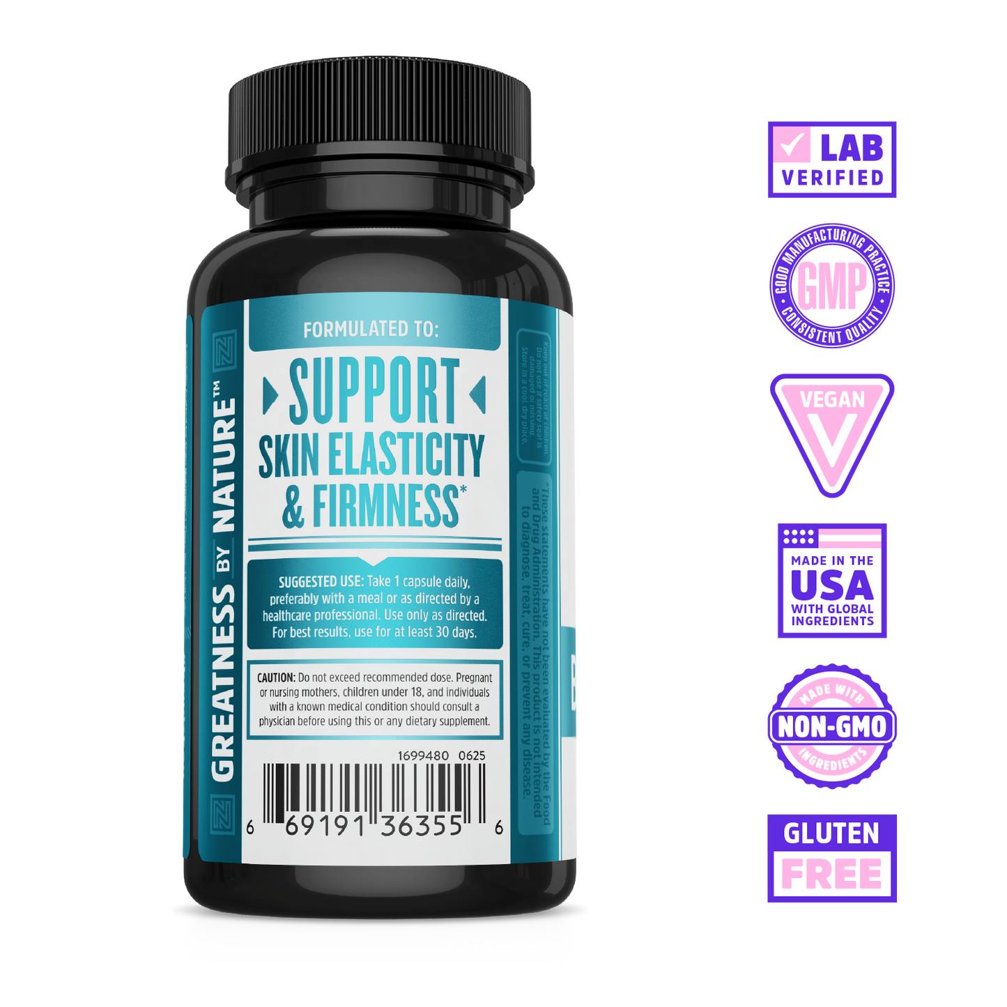 Zhou Nutrition's Body Smooth: black bottle, teal label; lab verified, GMP, vegan, made in USA, non-GMO, gluten free.