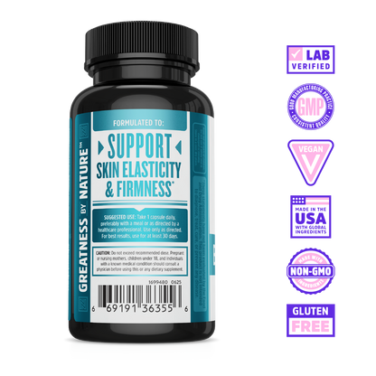 Zhou Nutrition's Body Smooth: black bottle, teal label; lab verified, GMP, vegan, made in USA, non-GMO, gluten free.